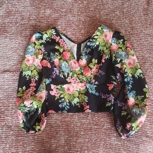 Vixen By Micheline Pitt --- Bawdy Cropped Blouse, Black Vintage Floral SMALL